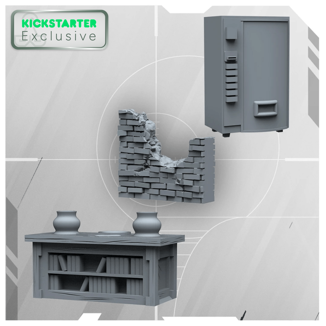 Kickstarter Exclusive 3D Scenery Set from 6: siege the board game, Vending Machine, Broken Wall, and Dresser