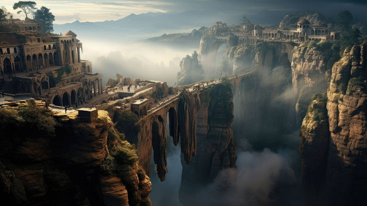 Epic landscape full of lore and tamples with a big bridge over a endless void