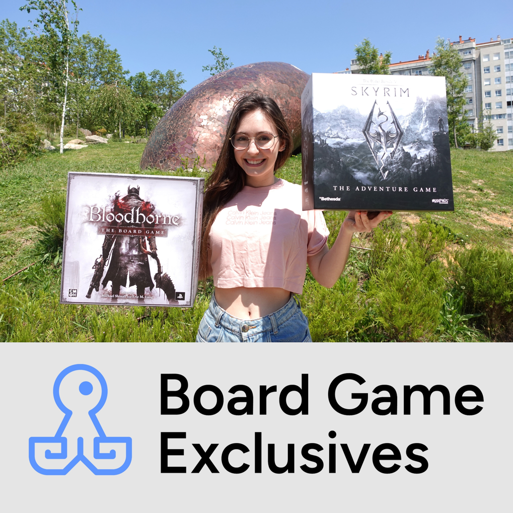 Young Cute Girl Holding Kickstarter Exclusive Bloodborne: The Board Game and Gamefound Exclusive The Elder Scrolls V: Skyrim The Adventure Game Board Game
