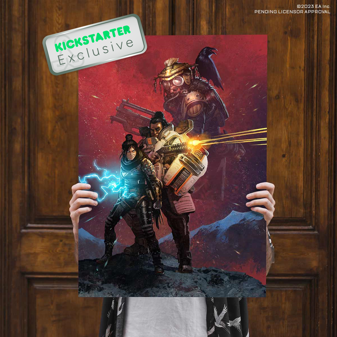 Kickstarter Exclusive Displate Poster From Apex Legends: The Board Game, Sacaled to size with a human